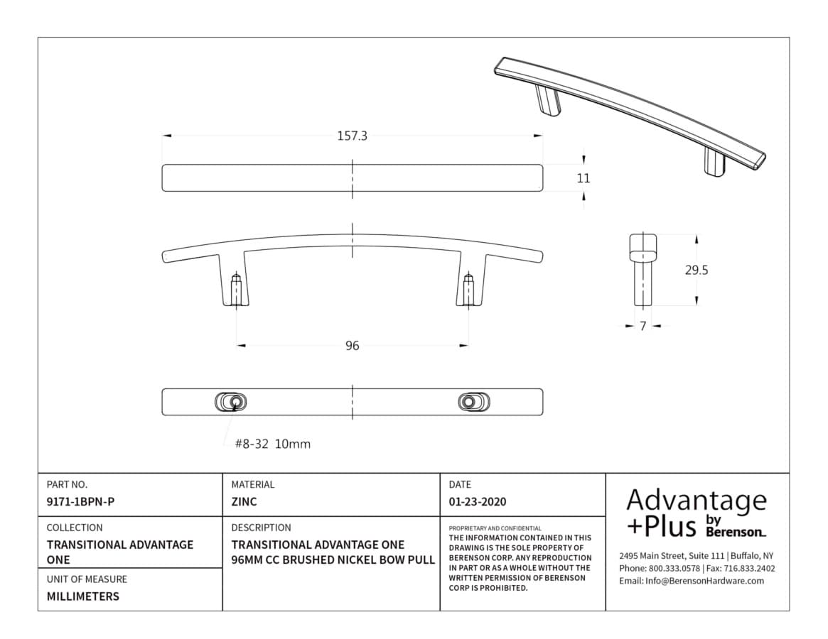 Berenson Transitional Advantage One 3-3/4" (96 mm) Center to Center Brushed Nickel Pull, 9171-1BPN-P