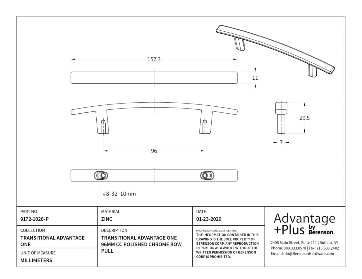 Berenson Transitional Advantage One 3-3/4" (96 mm) Center to Center Polished Chrome Pull, 9172-1026-P