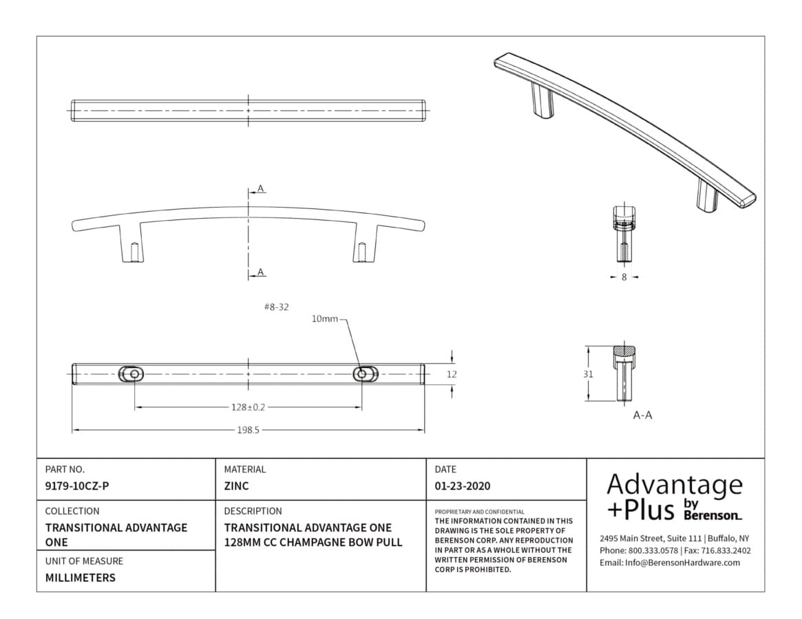 Berenson Transitional Advantage One 5-1/16" (128 mm) Center to Center Champagne Pull, 9179-10CZ-P
