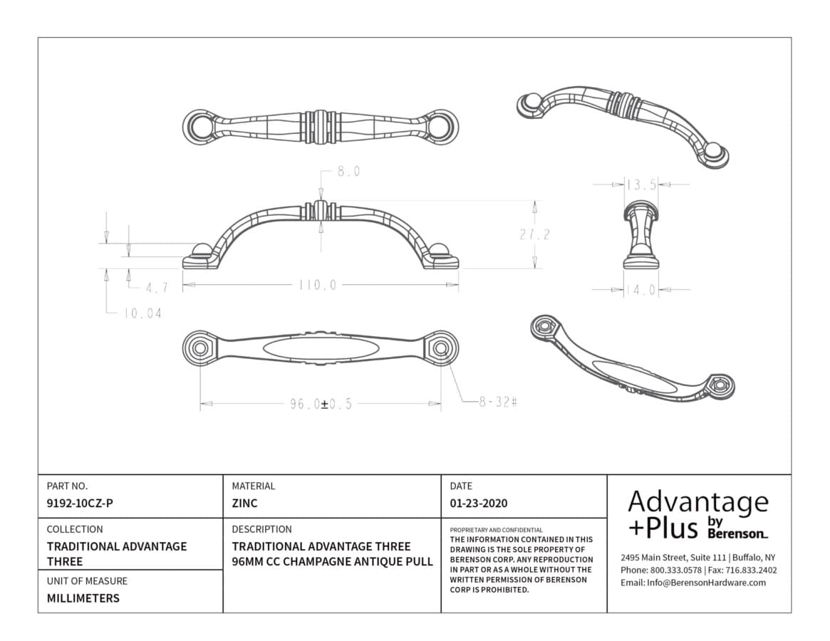 Berenson Traditional Advantage Three 3-3/4" (96 mm) Center to Center Champagne Pull, 9192-10CZ-P
