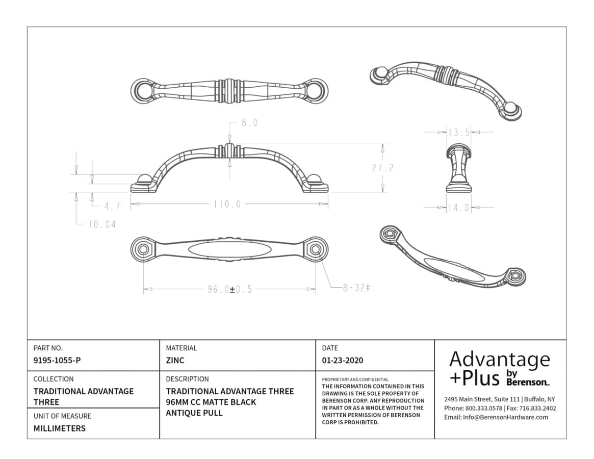 Berenson Traditional Advantage Three 3-3/4" (96 mm) Center to Center Matte Black Pull, 9195-1055-P