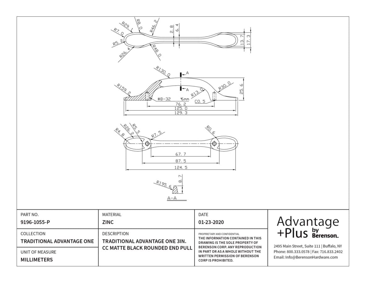 Berenson Traditional Advantage One 3" (76 mm) Center to Center Matte Black Pull, 9196-1055-P