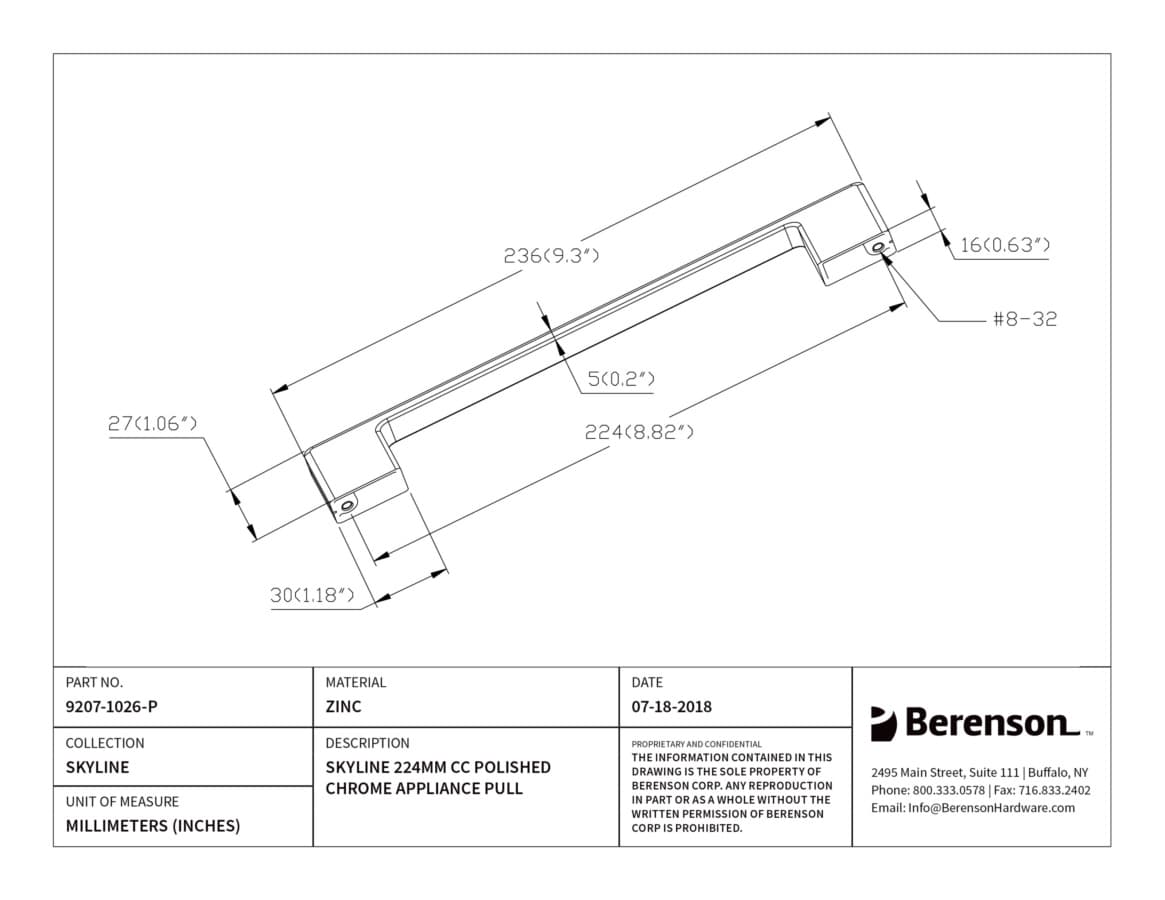 Berenson Skyline 8-13/16" (224 mm) Center to Center Polished Chrome Pull, 9207-1026-P