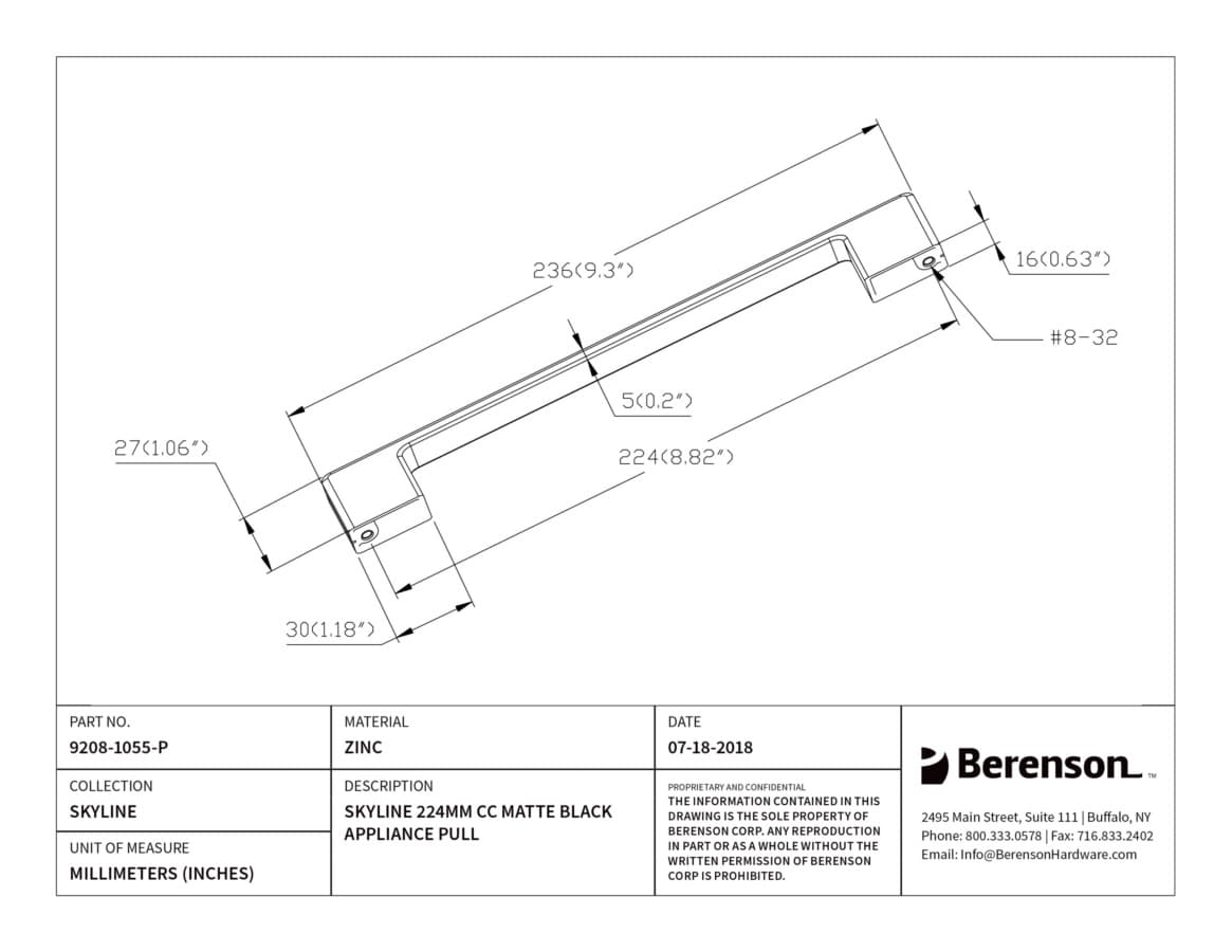 Berenson Skyline 8-13/16" (224 mm) Center to Center Matte Black Pull, 9208-1055-P