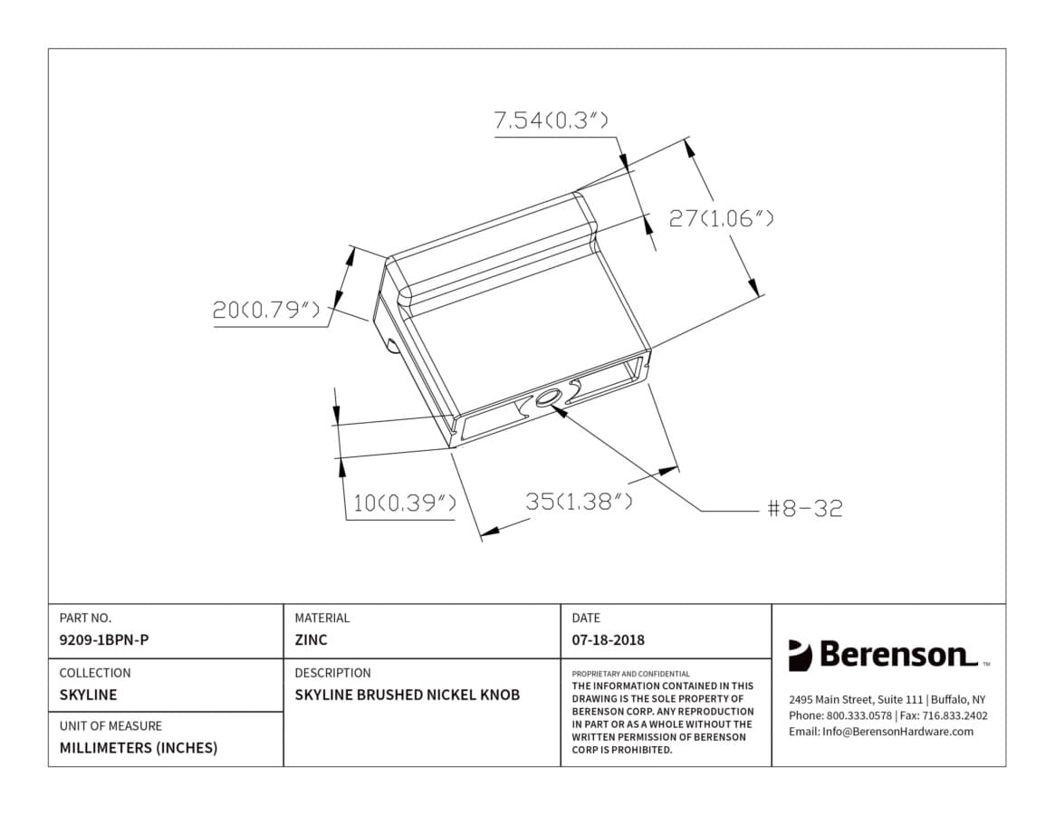 Berenson Skyline Brushed Nickel 1-3/8" (35 mm) L x 3/4" (19 mm) W Knob, 9209-1BPN-P