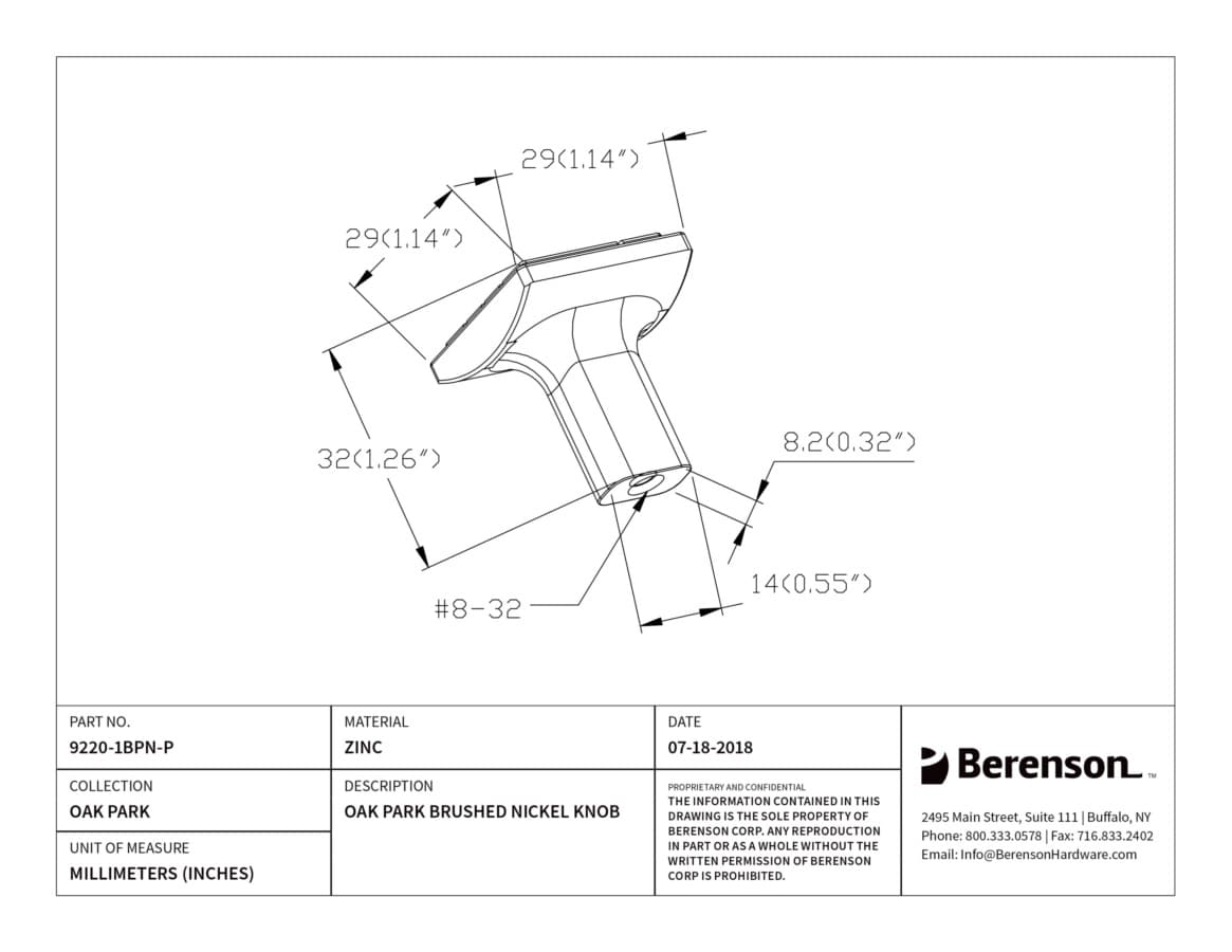 Berenson Oak Park Brushed Nickel 1-1/8" (29 mm) L x 1-1/8" (29 mm) W Knob, 9220-1BPN-P