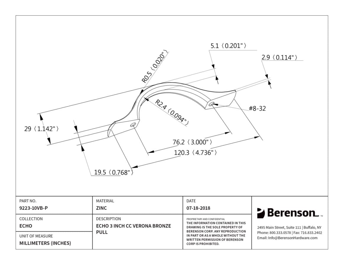 Berenson Echo 3" (76 mm) Center to Center Verona Bronze Pull, 9223-10VB-P