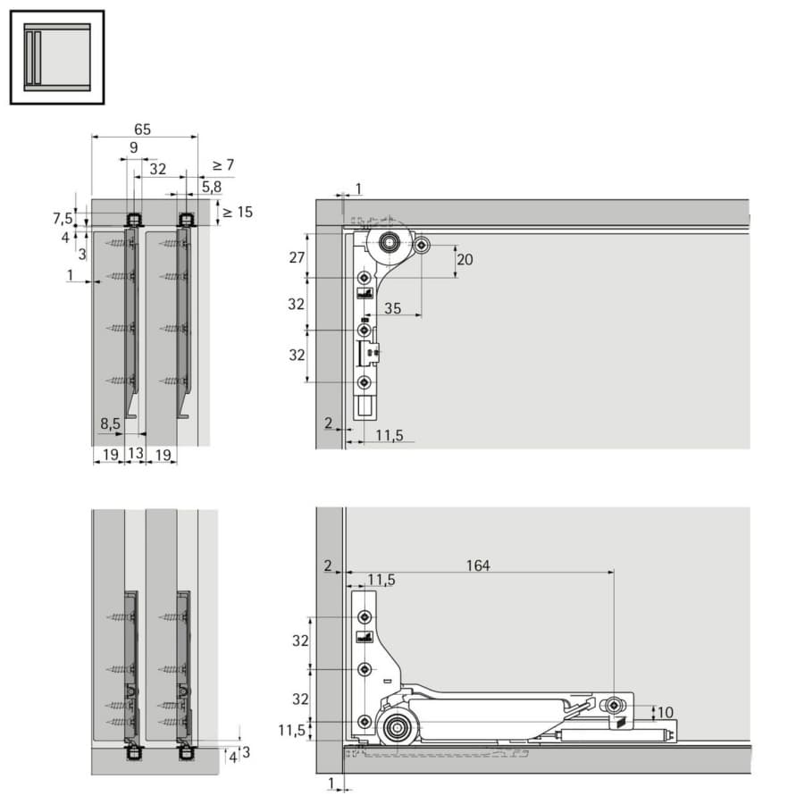 2500mm SlideLine M Double Track Runner Profile for Screw-On/Gluing On, Silver Anodized Finish, detail 2
