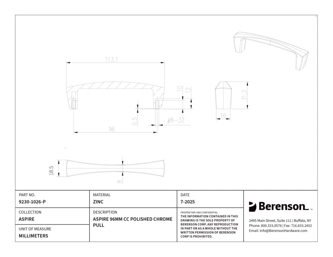 Berenson Aspire 3-3/4" (96 mm) Center to Center Polished Chrome Pull, 9230-1026-P