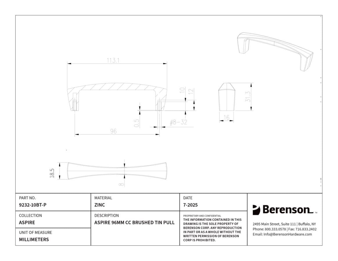 Berenson Aspire 3-3/4" (96 mm) Center to Center Brushed Tin Pull, 9232-10BT-P