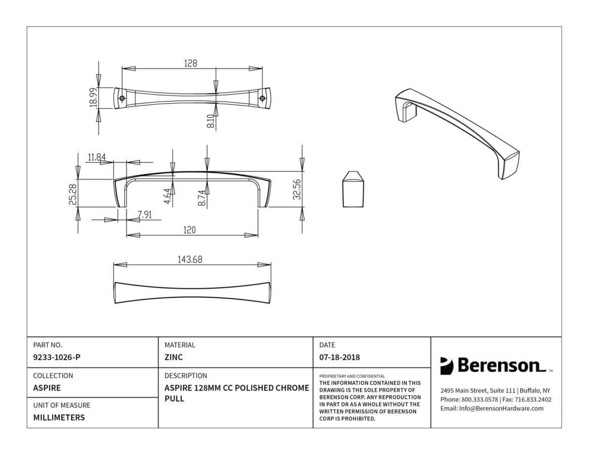 Berenson Aspire 5-1/16" (128 mm) Center to Center Polished Chrome Pull, 9233-1026-P