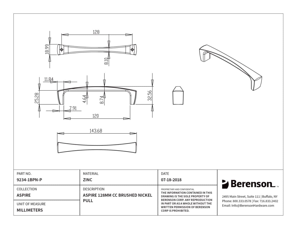 Berenson Aspire 5-1/16" (128 mm) Center to Center Brushed Nickel Pull, 9234-1BPN-P