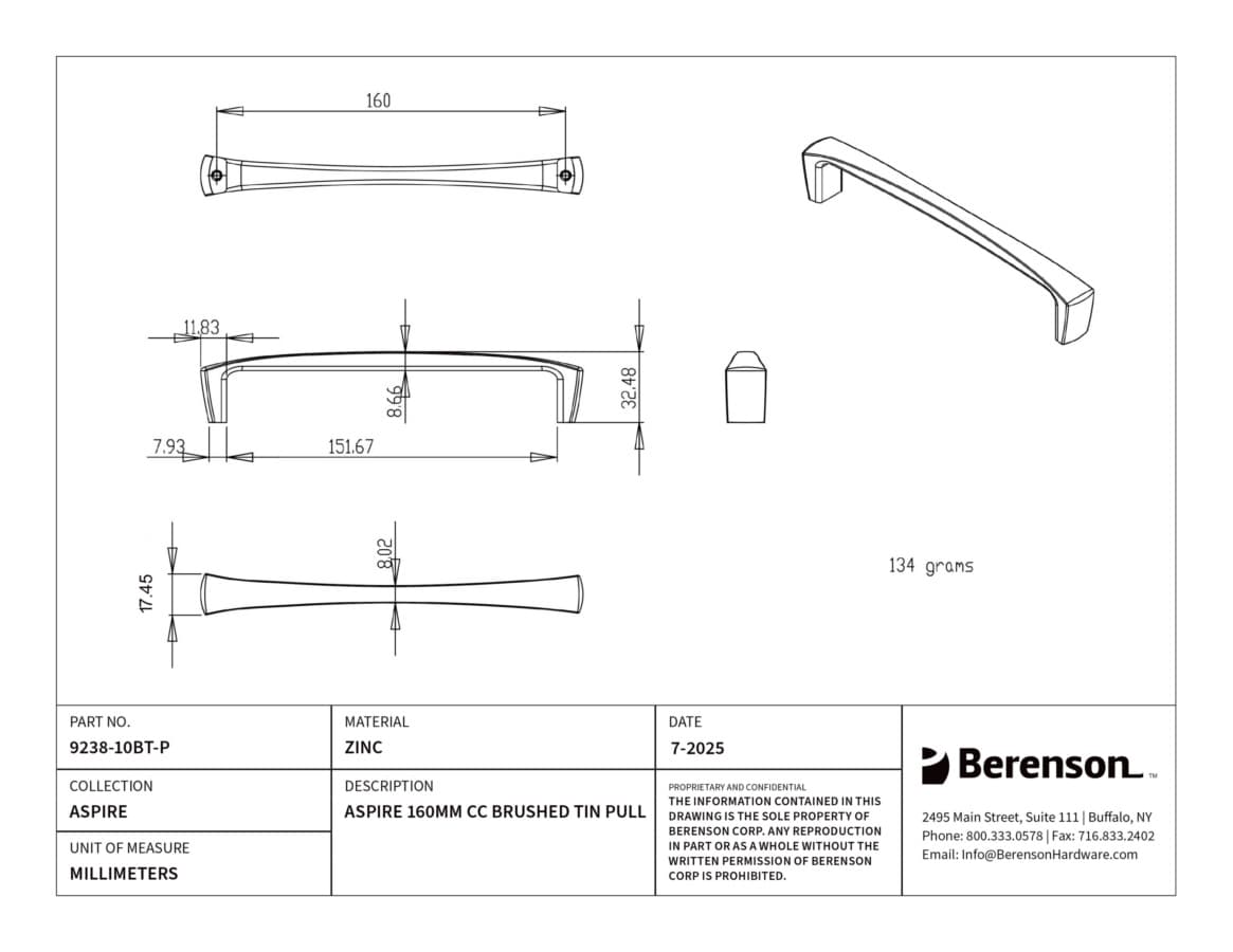 Berenson Aspire 6-5/16" (160 mm) Center to Center Brushed Tin Pull, 9238-10BT-P