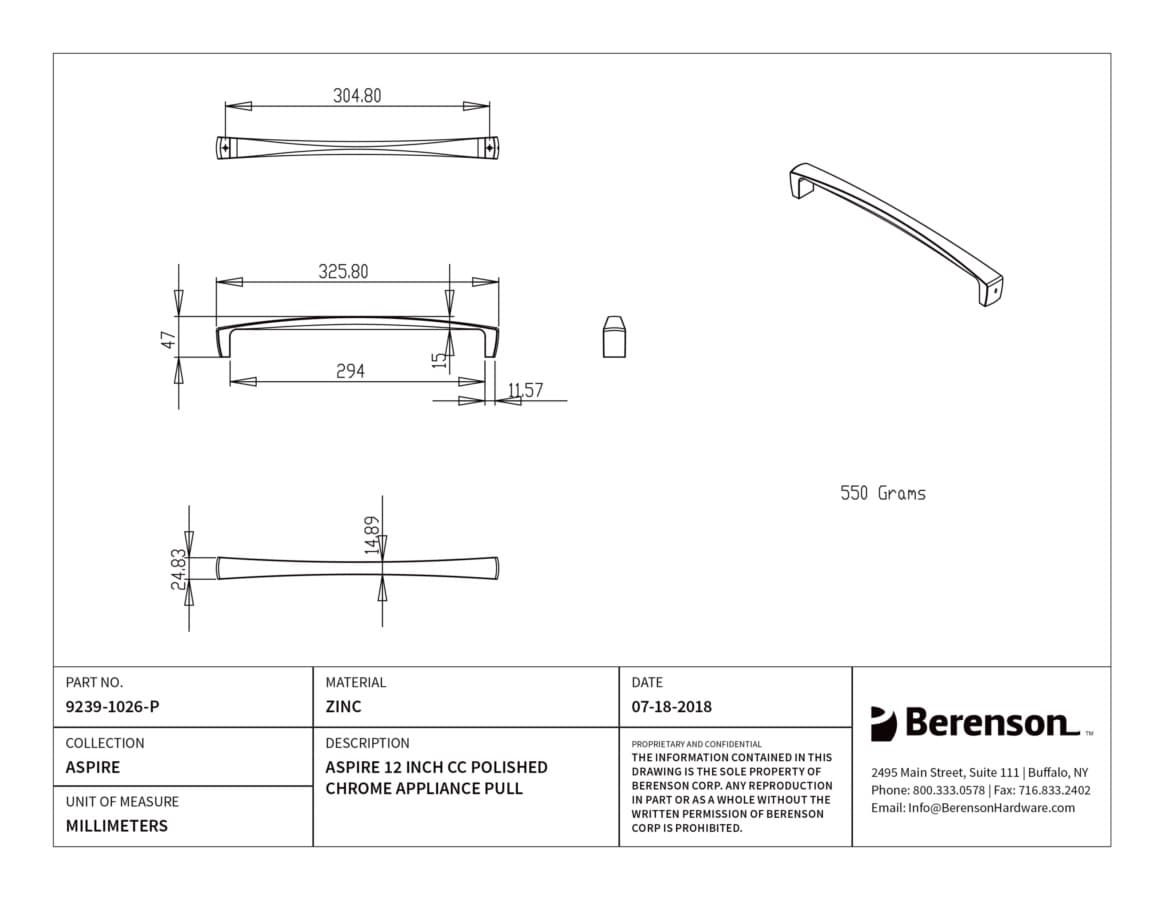 Berenson Aspire Polished Chrome 12" (305 mm) Center to Center Appliance Pull, 9239-1026-P