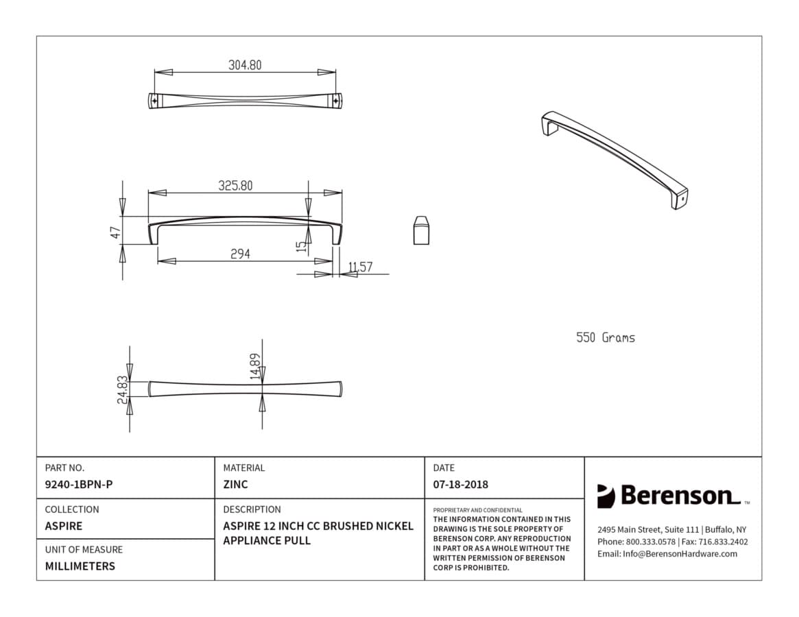 Berenson Aspire Brushed Nickel 12" (305 mm) Center to Center Appliance Pull, 9240-1BPN-P