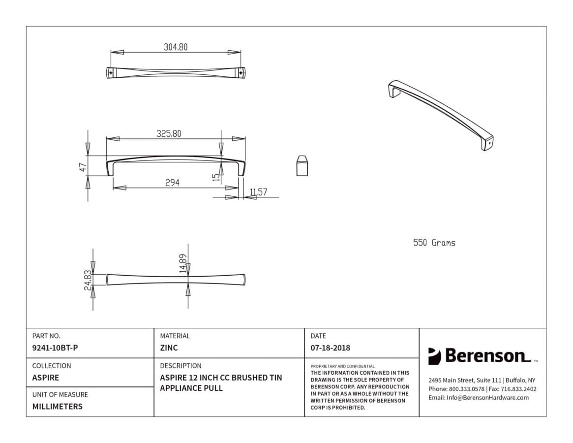 Berenson Aspire Brushed Tin 12" (305 mm) Center to Center Appliance Pull, 9241-10BT-P