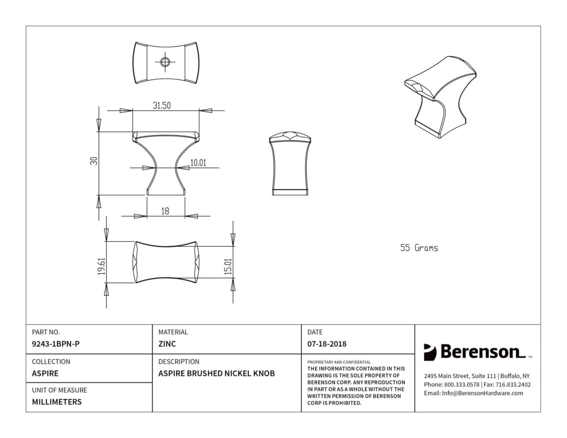 Berenson Aspire Brushed Nickel 1-1/4" (32 mm) L x 3/4" (19 mm) W Knob, 9243-1BPN-P