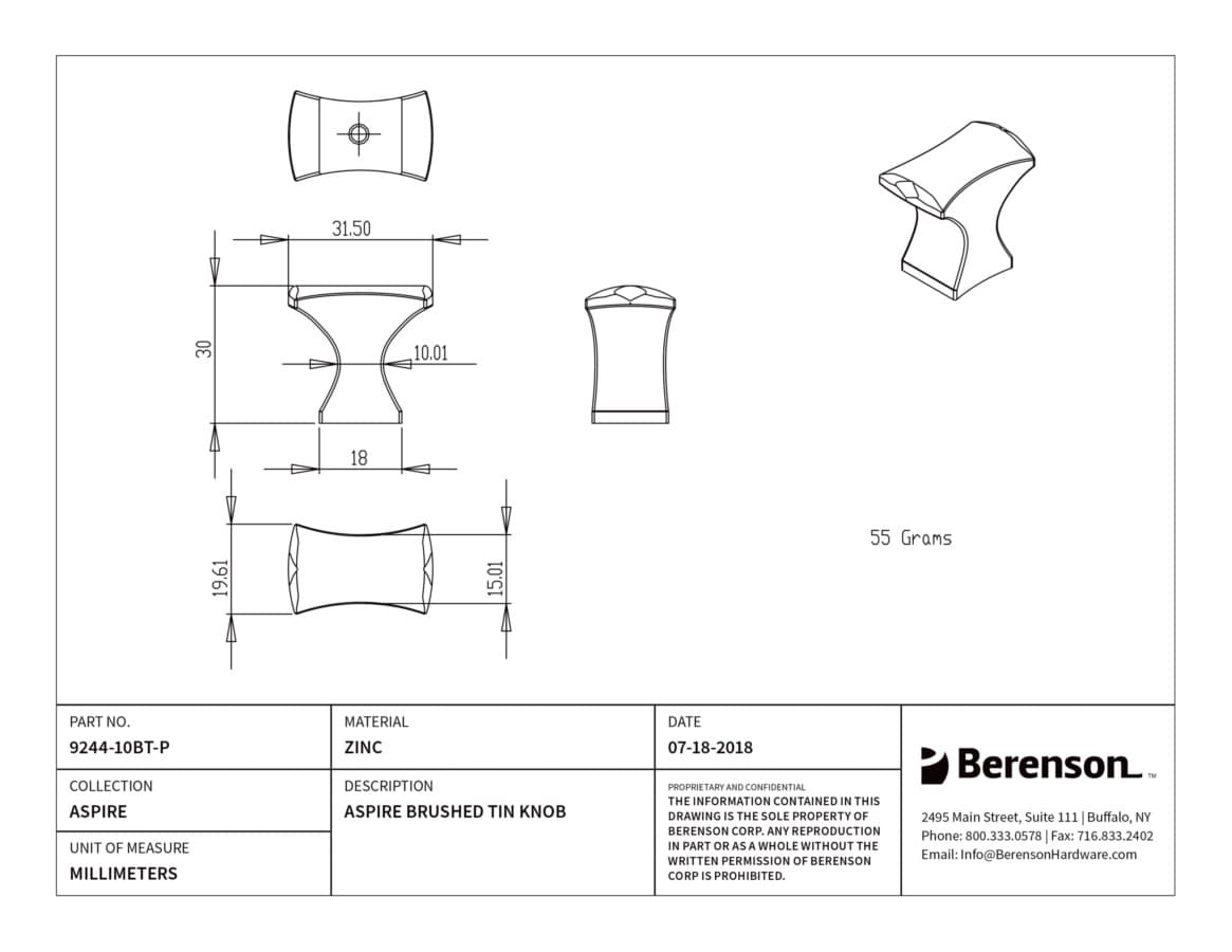 Berenson Aspire Brushed Tin 1-1/4" (32 mm) L x 3/4" (19 mm) W Knob, 9244-10BT-P