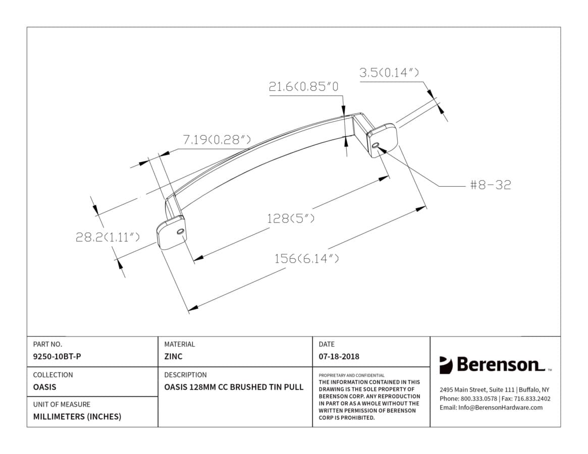 Berenson Oasis 5-1/16" (128 mm) Center to Center Brushed Tin Pull, 9250-10BT-P