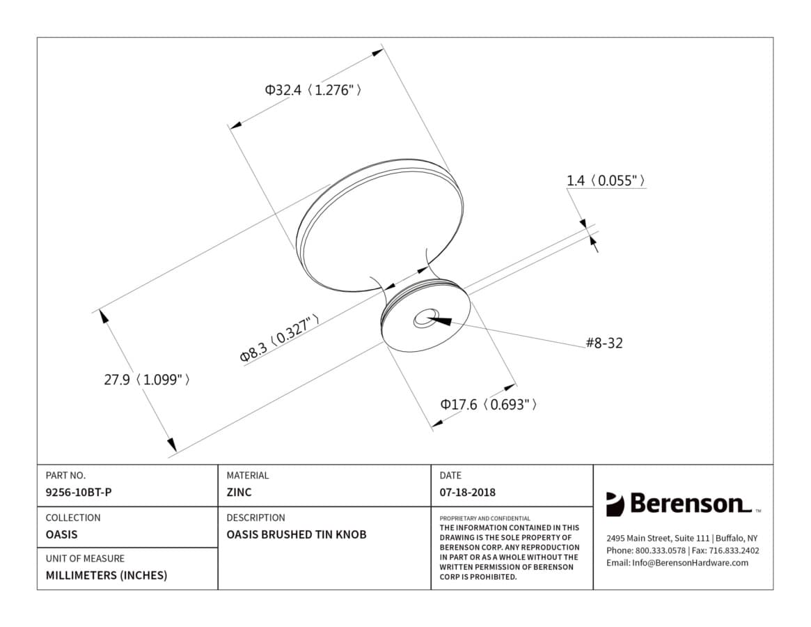 Berenson Oasis Brushed Tin 1-1/4" (32 mm) Diameter Knob, 9256-10BT-P