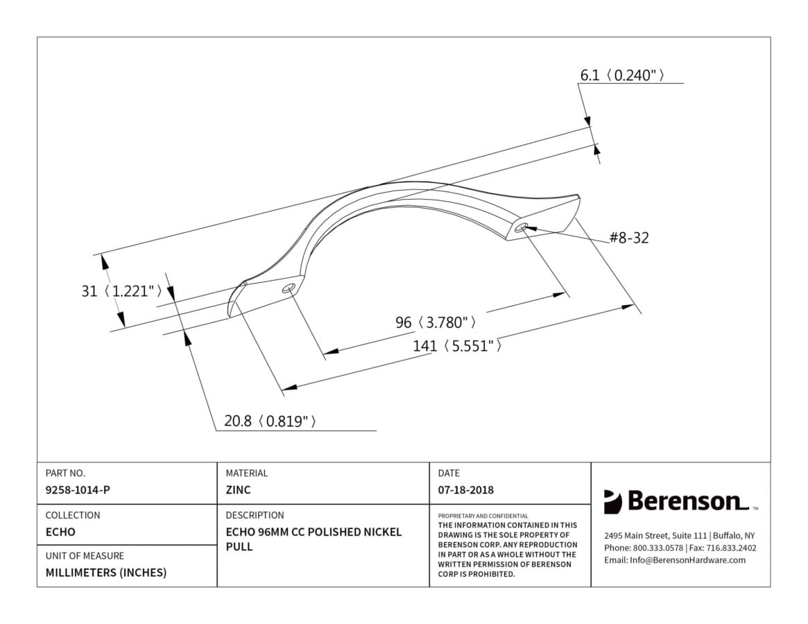 Berenson Echo 3-3/4" (96 mm) Center to Center Polished Nickel Pull, 9258-1014-P