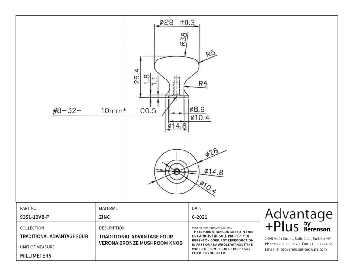 Berenson Traditional Advantage Four Verona Bronze 1-1/8" (28.5 mm) Diameter Knob, 9351-10VB-P
