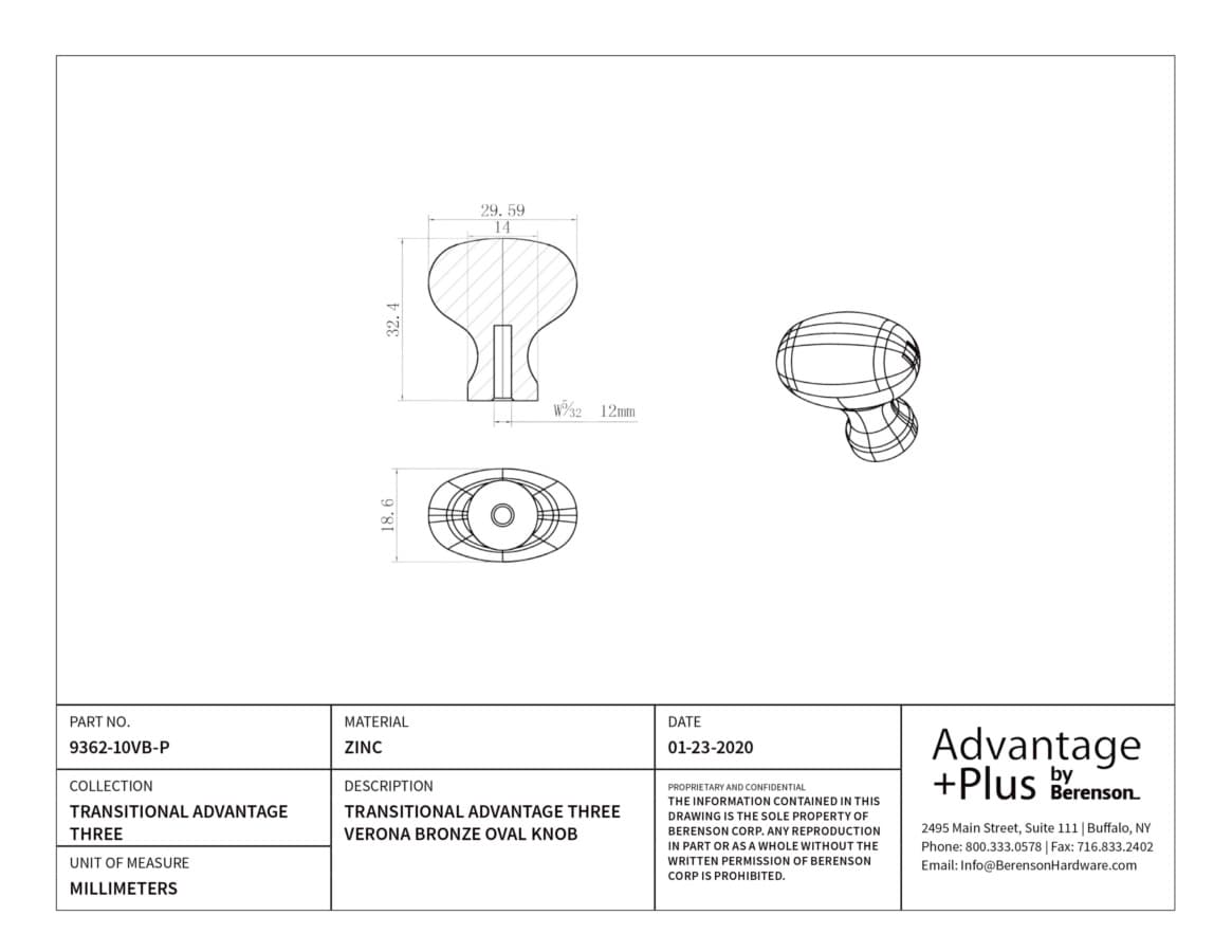 Berenson Transitional Advantage Three Verona Bronze 1-1/8" (29 mm) L x 3/4" (19 mm) W Knob, 9362-10VB-P