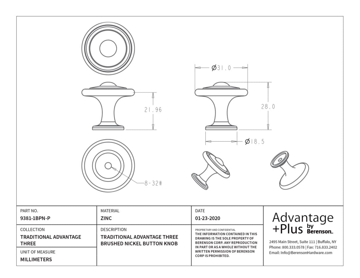 Berenson Traditional Advantage Three Brushed Nickel 1-1/4" (32 mm) Diameter Knob, 9381-1BPN-P