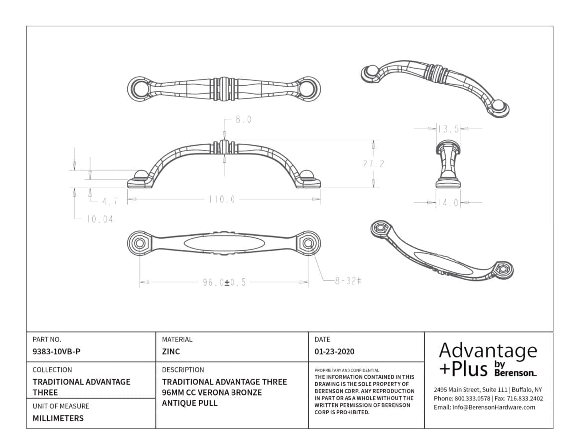 Berenson Advantage Plus Five 3-3/4" (96 mm) Center to Center Verona Bronze Pull, 9383-10VB-P