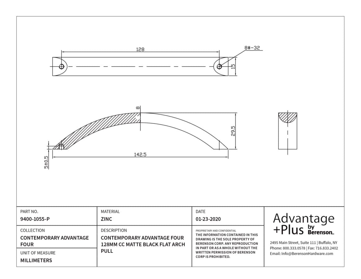 Berenson Contemporary Advantage Four 5-1/16" (128 mm) Center to Center Black Pull, 9400-1055-P