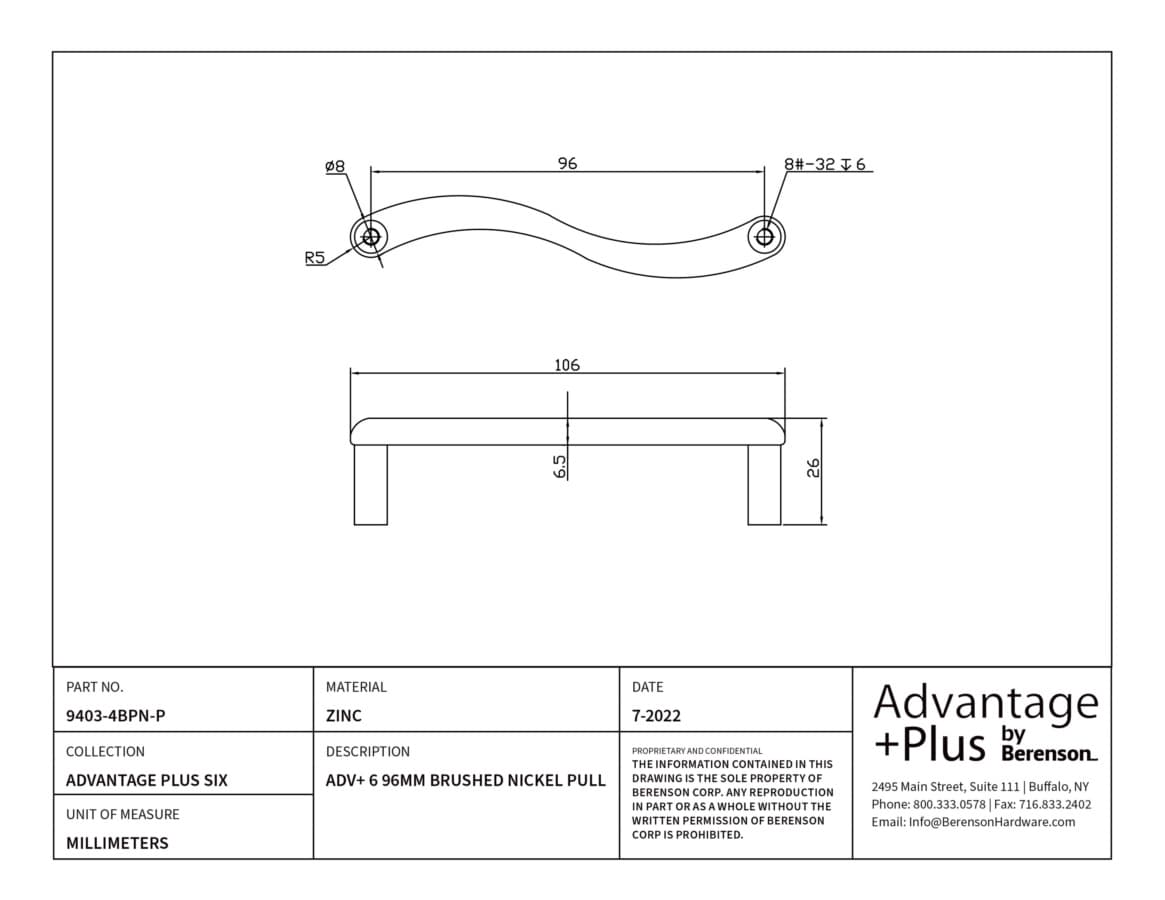 Berenson Advantage Plus Six 3-3/4" (96 mm) Center to Center Brushed Nickel Pull, 9403-4BPN-P
