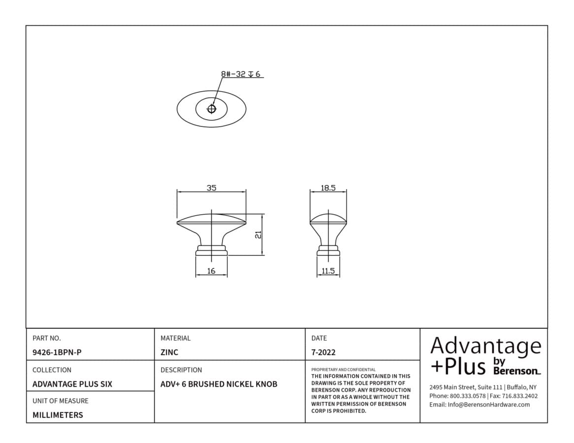 Berenson Advantage Plus Six Brushed Nickel 1-7/16" (37 mm) L x 3/4" (19 mm) W Knob, 9426-1BPN-P