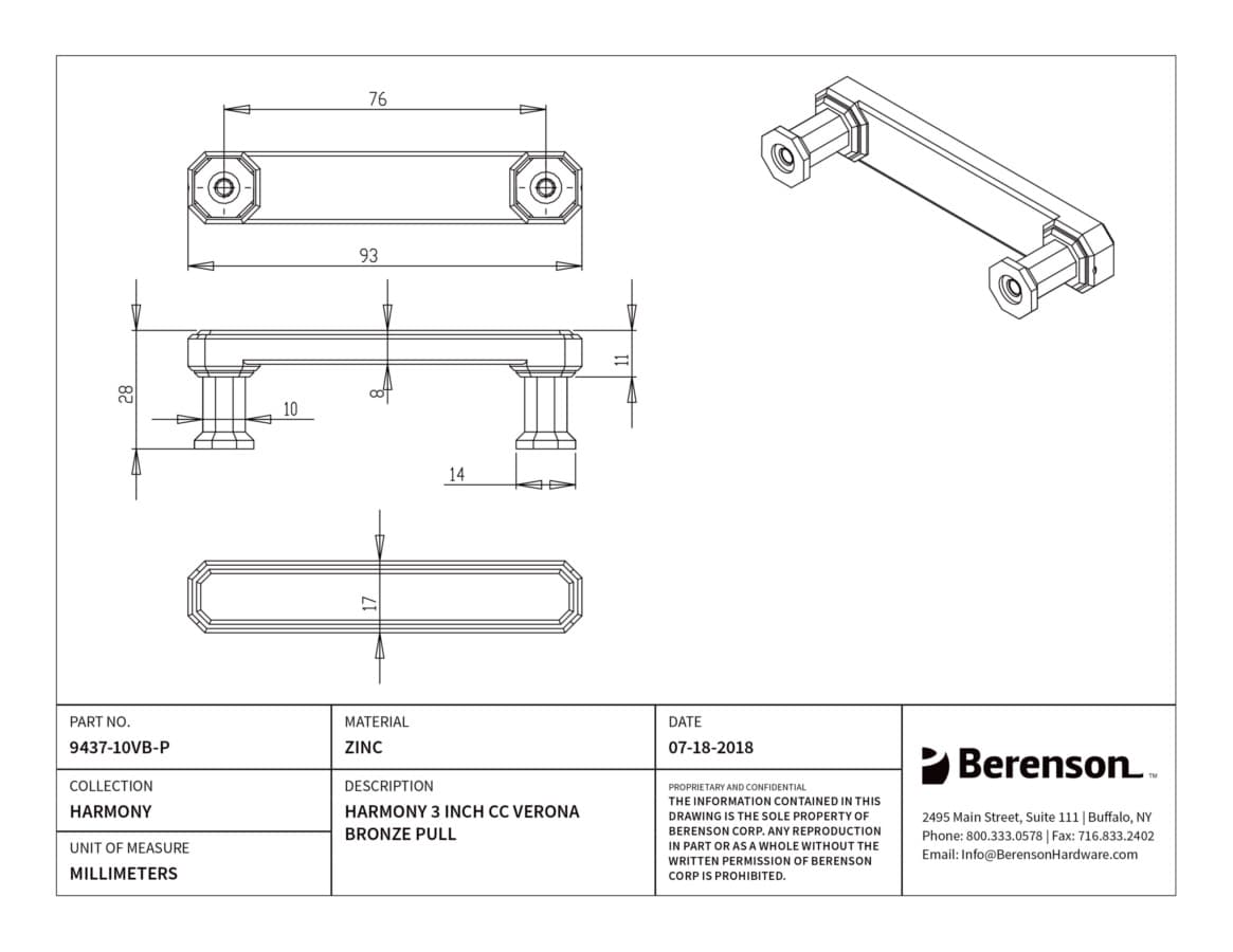 Berenson Harmony 3" (76 mm) Center to Center Verona Bronze Pull, 9437-10VB-P