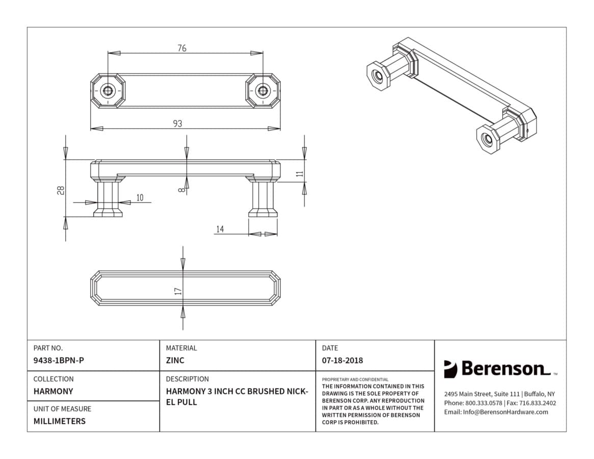 Berenson Harmony 3" (76 mm) Center to Center Brushed Nickel Pull, 9438-1BPN-P