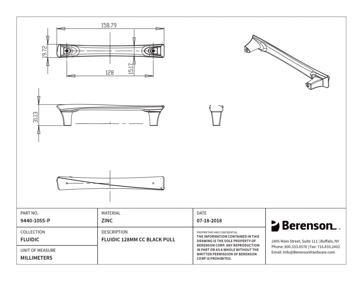 Berenson Fluidic 5-1/16" (128 mm) Center to Center Black Pull, 9440-1055-P
