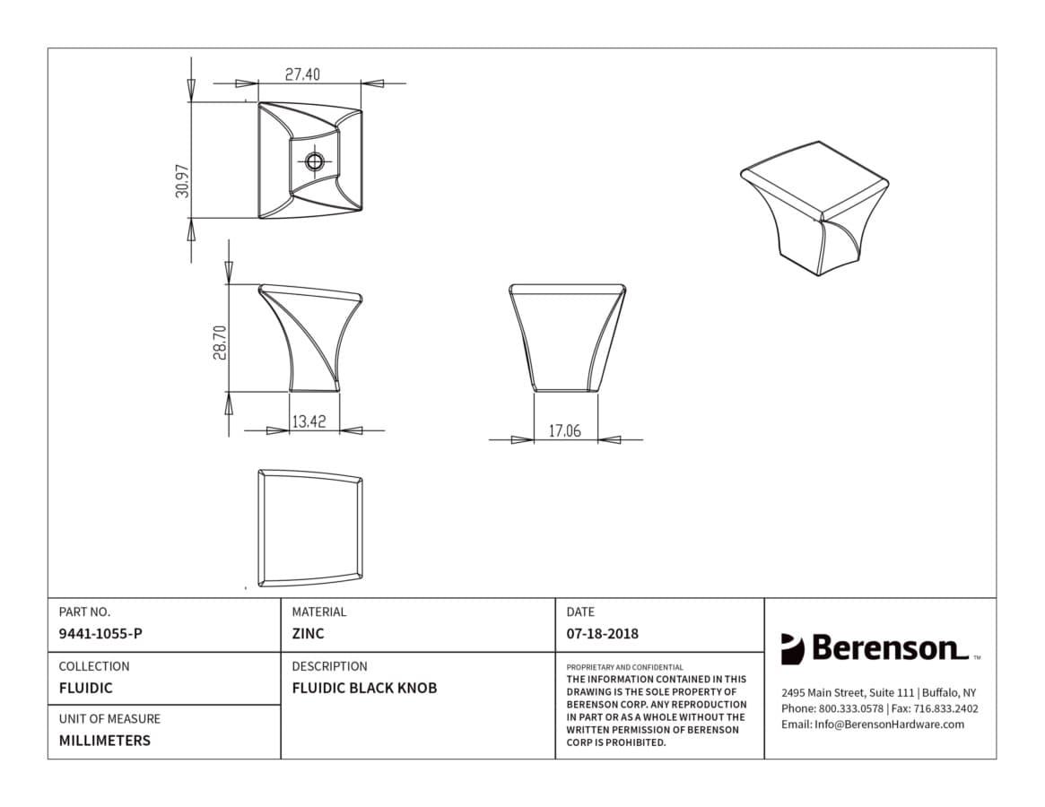 Berenson Fluidic Matte Black 1-3/16" (30 mm) L x 1-1/8" (29 mm) W Knob, 9441-1055-P