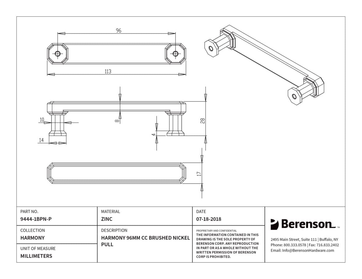 Berenson Harmony 3-3/4" (95 mm) Center to Center Brushed Nickel Pull, 9444-1BPN-P