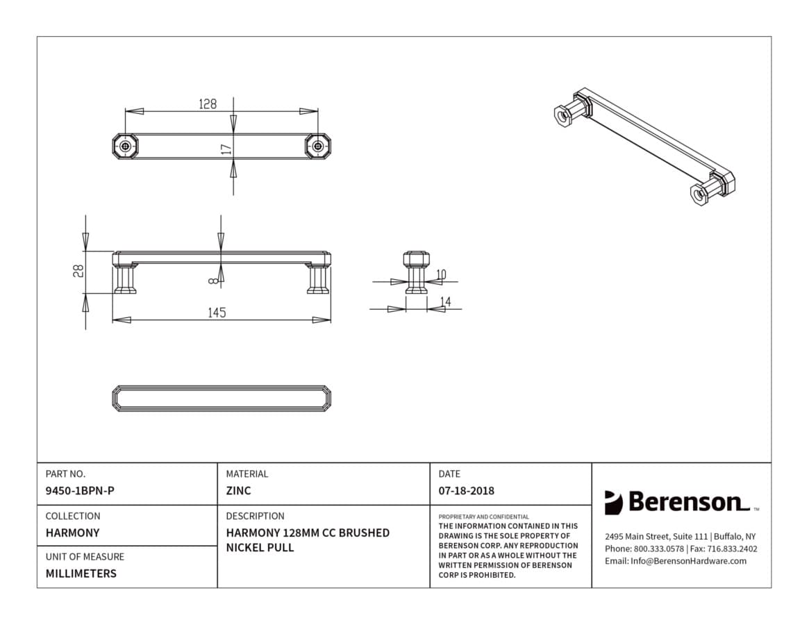 Berenson Harmony 5-1/16" (128 mm) Center to Center Brushed Nickel Pull, 9450-1BPN-P