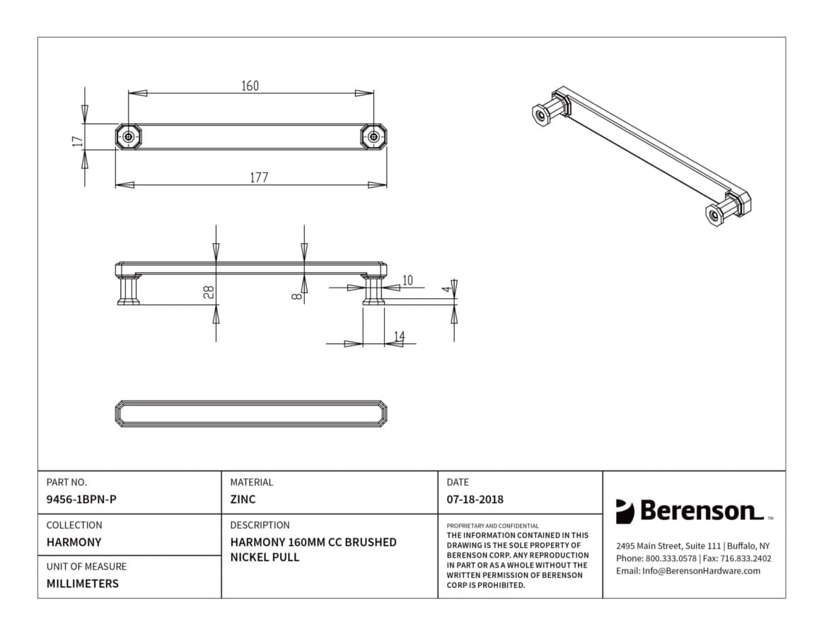 Berenson Harmony 6-5/16" (160 mm) Center to Center Brushed Nickel Pull, 9456-1BPN-P