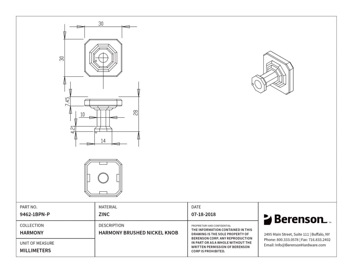 Berenson Harmony Brushed Nickel 1-3/16" (30 mm) L x 1-3/16" (30 mm) W Knob, 9462-1BPN-P