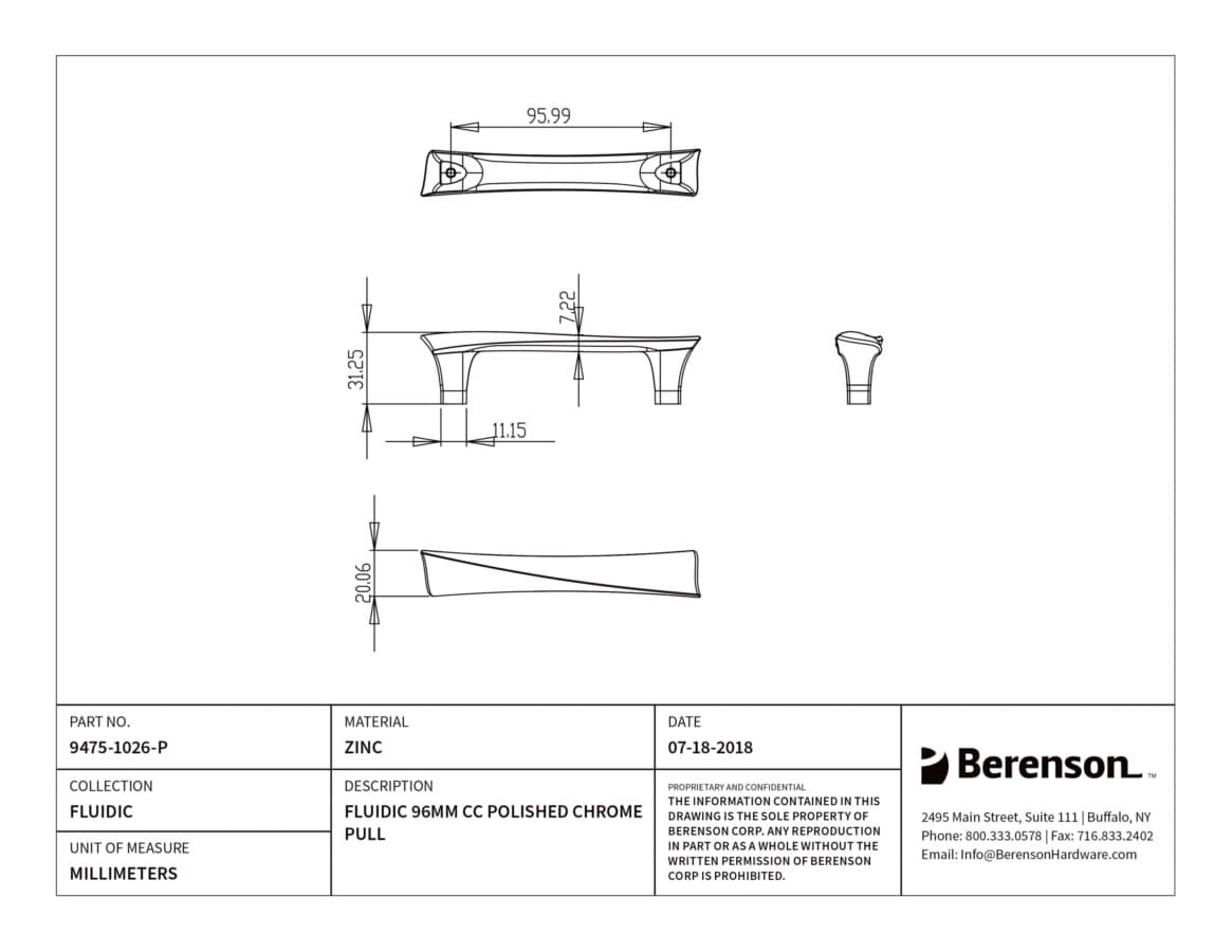 Berenson Fluidic 3-3/4" (96 mm) Center to Center Polished Chrome Pull, 9475-1026-P