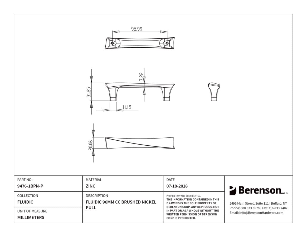 Berenson Fluidic 3-3/4" (96 mm) Center to Center Brushed Nickel Pull, 9476-1BPN-P