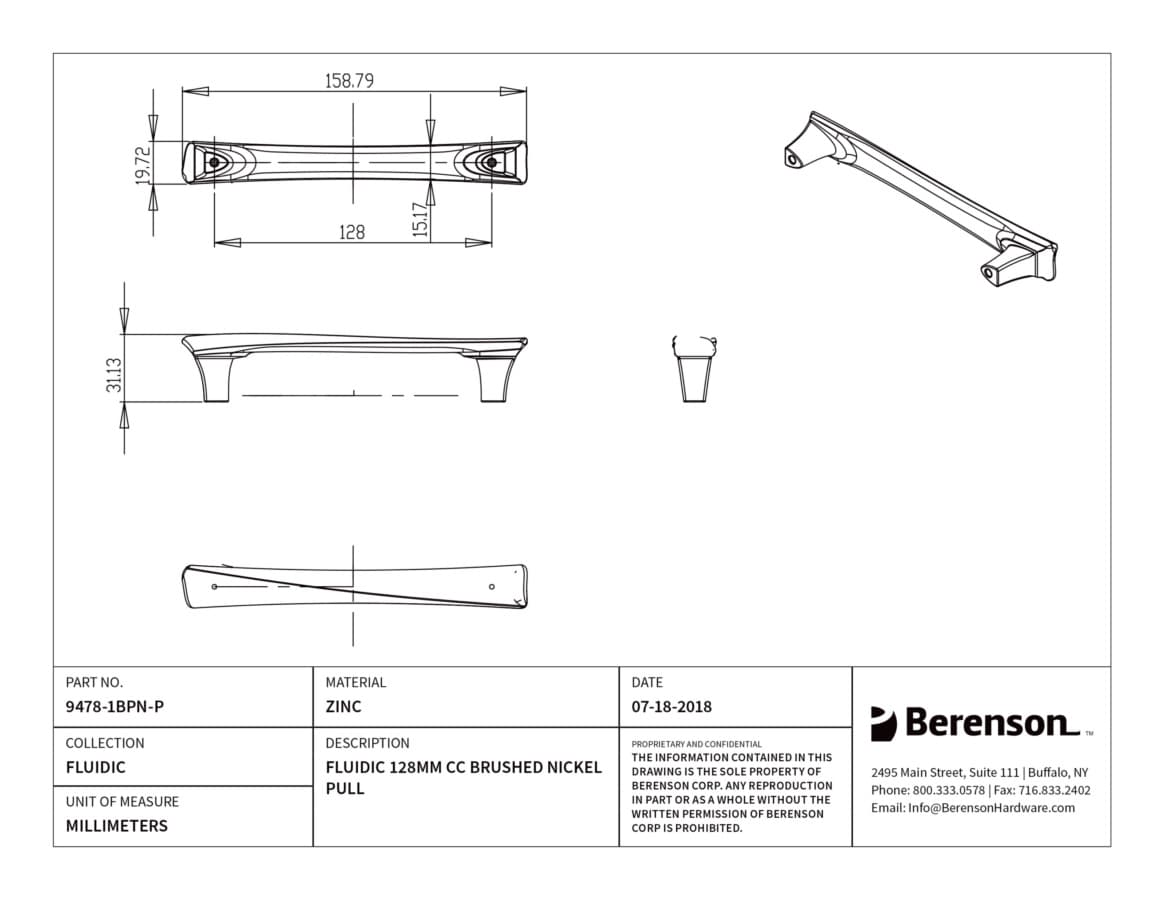 Berenson Fluidic 5-1/16" (128 mm) Center to Center Brushed Nickel Pull, 9478-1BPN-P