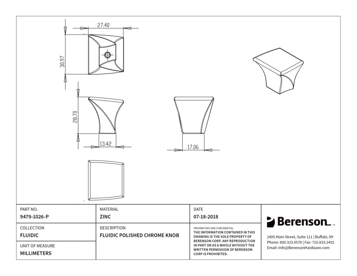 Berenson Fluidic Polished Chrome 1-3/16" (30 mm) L x 1-1/8" (29 mm) W Knob, 9479-1026-P
