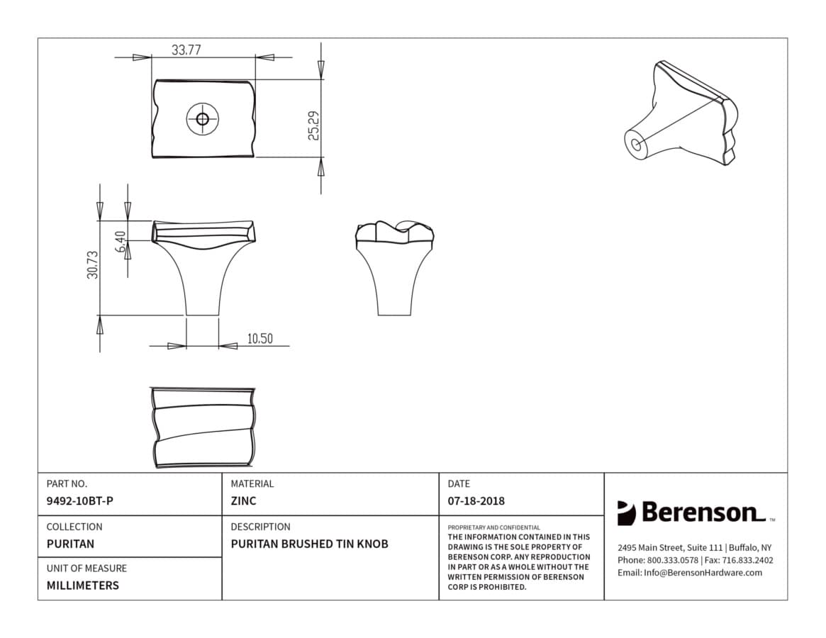 Berenson Puritan Brushed Tin 1-5/16" (33 mm) L x 1" (25 mm) W Knob, 9492-10BT-P