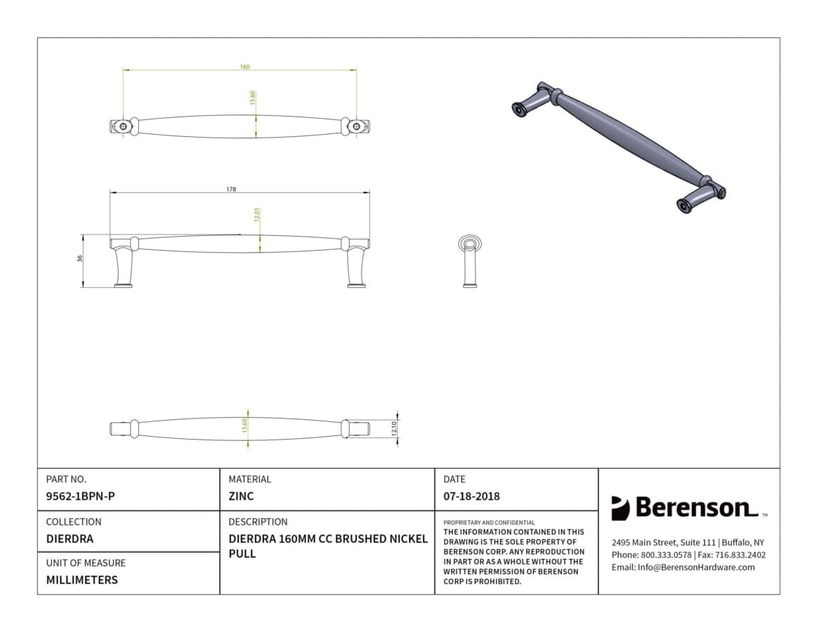 Berenson Dierdra 6-5/16" (160 mm) Center to Center Brushed Nickel Pull, 9562-1BPN-P