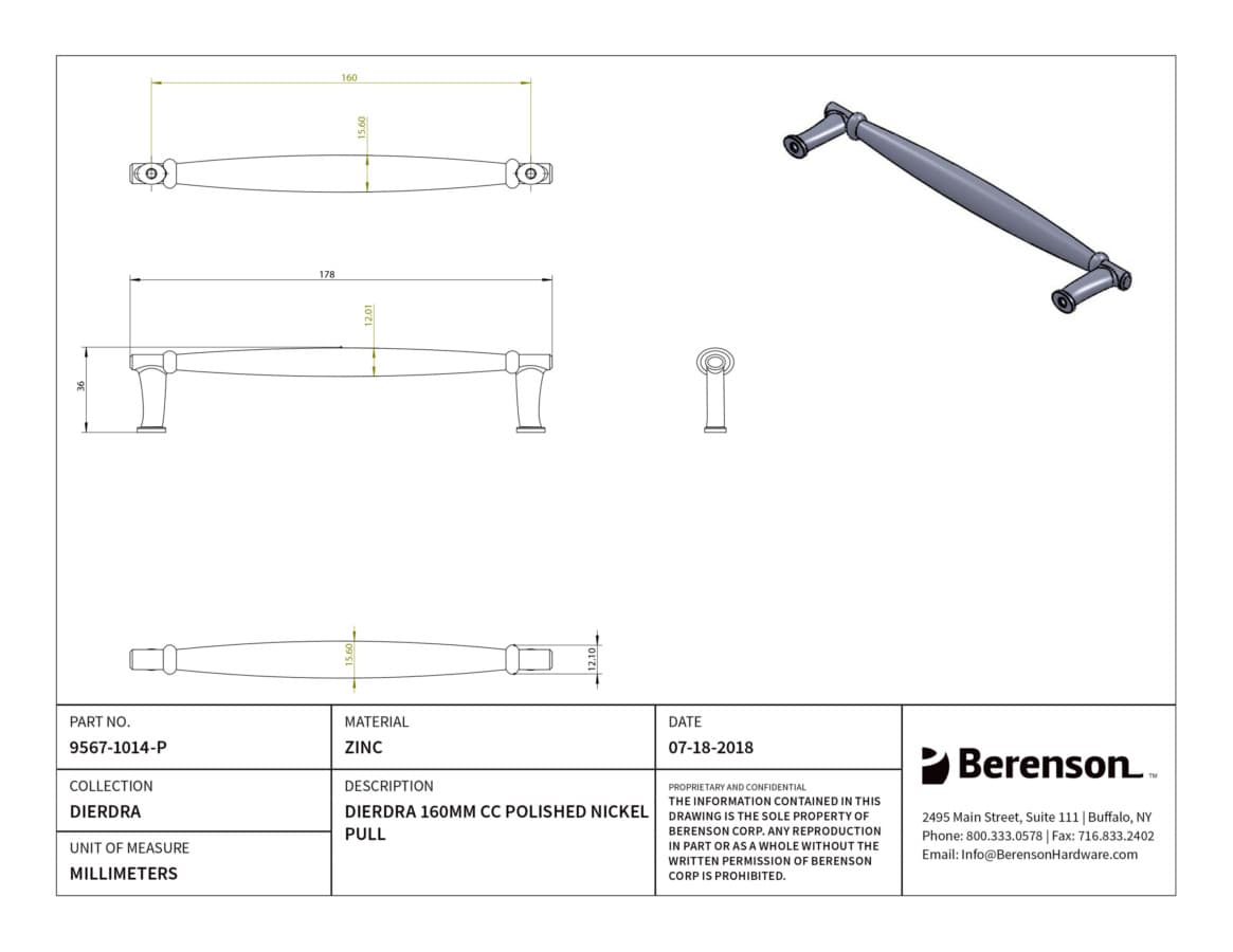 Berenson Dierdra 6-5/16" (160 mm) Center to Center Polished Nickel Pull, 9567-1014-P