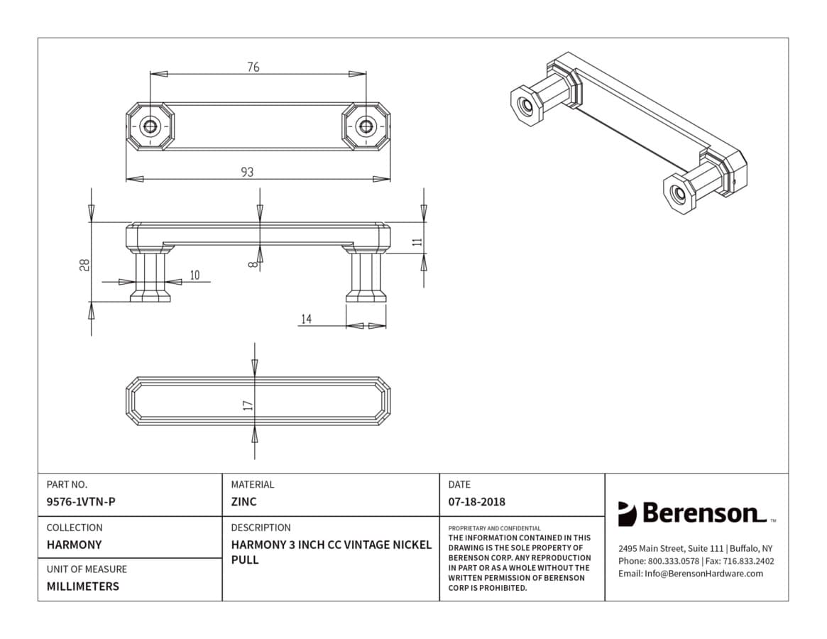 Berenson Harmony 3" (76 mm) Center to Center Vintage Nickel Pull, 9576-1VTN-P