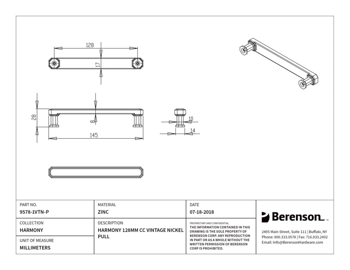 Berenson Harmony 5-1/16" (128 mm) Center to Center Vintage Nickel Pull, 9578-1VTN-P