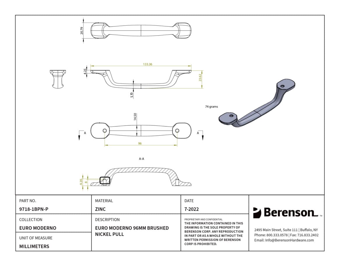 Berenson Euro Moderno 3-3/4" (95 mm) Center to Center Brushed Nickel Pull, 9718-1BPN-P